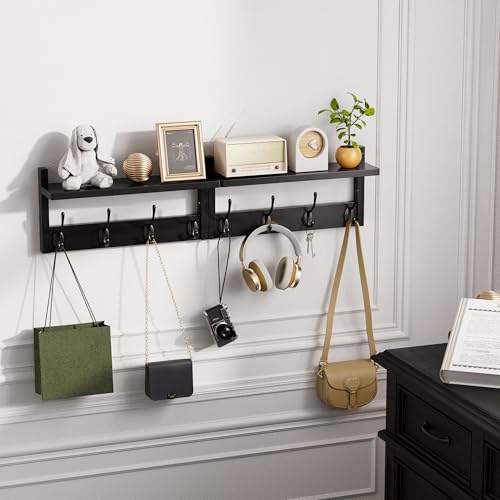 STELLSTAR Perchero de Pared con Estante, 2 Paquetes de Percheros de Pared de Bambú con 8 Ganchos para Entrada, Pasillo, Cocina, Baño, Salón, Lavadero (Negro) - imagen 7