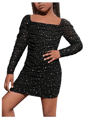 Floerns Girl's Puff Long Sleeve Square Neck Ruched Cocktail Party Bodycon Dress