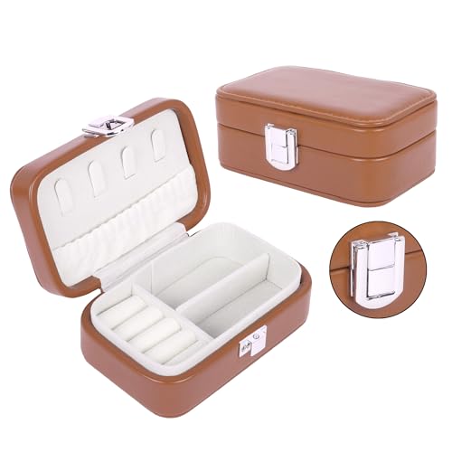 Image of BucketList PU Leather Jewellery Organizer Box with Ring Slots & Necklace Hooks | Compact Jewelry Storage Case with Secure Lock (Travel Jewellery Box Rectangular (Caramel))