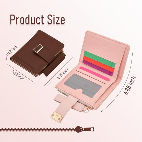 Wallet Women, Waterproof Leather Purses for Women Multifunctional Button Credit Card Holder Slim Wallet Purse Cute Zipper Card Wallet Small Wallet for Coin Card Change (Brown)2