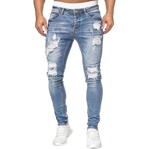 Men's Slim Fit Stretch Skinny Jeans - Ripped Distressed Denim Pants, Tapered Ankle for 2025 Casual Streetwear