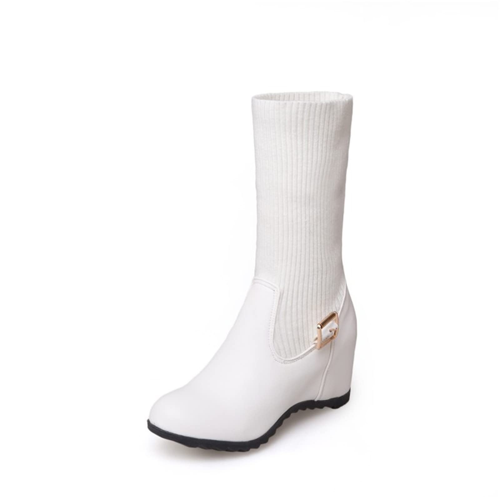 Generisch Botas de equitación de invierno para mujer, color liso, boca de punto, hebilla ajustable, interior elevado, botas de cuña