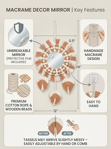 Image of JH Gallery Boho Macrame Mirror Wall Hanging - Handcrafted Cotton Rope Round Mirror with Tassels & Wooden Beads for Home, Bedroom & Entryway Decor(Brown)