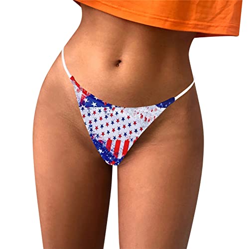 Sexy Thong Underwear For Womens 4Th Of July Seamless G-Strings Panties Patriotic American Flag Print Ice Silk No Show Stretch Breathable T-Back Cheeky Hipster Strappy Tangas Panties For Ladies #TOP1