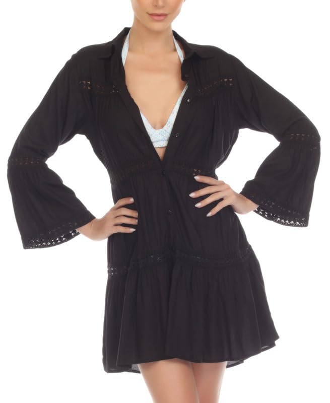 Women's Lace-Inset Button-Front Dress Cover-Up (Black, Large)