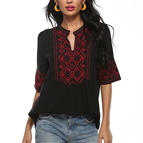 Seasonal Ukraine Bluse Sommer Damen Tunika Bohemian Stickerei Folklore Tops Boho Hippie Kurzarm Lose Oberteil (073-Schwarz,M)