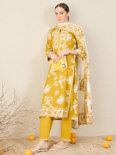 Image of INDO ERA Women's Pure Cotton Animal Printed Straight Kurta & Pant with Dupatta Set (IESTR11803)
