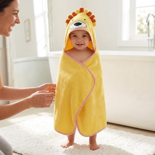 Image of EVERYDAY KIDS Hooded Baby Toddler Bath Towel for Boys and Girls - 3D Yellow Lion with Mane; Soft and Absorbent Terry Cloth Hooded Towel for Young Kids; Gender Neutral Baby Bath Essential