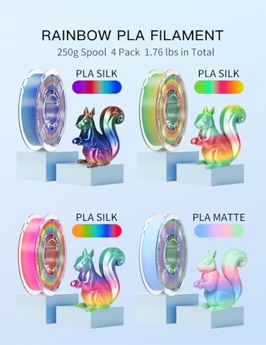 Image of PINBALL Silk & Matte Rainbow PLA 3D Printer Filament 1.75mm, 250g*4 | Multicolor Filament, Shiny Fast Color Changing, Dimensional Accuracy + /- 0.02mm
