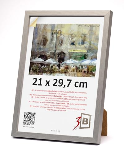 3 B MEGA Marcos de fotos   Plata   21 x 29,7 cm (A4)   Marco de madera, marco para fotos, marco para documentos con vidrio acrílico