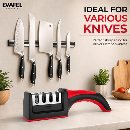 Image of Knife Sharpener, 4-in-1 Professional Kitchen Knife Sharpener Tool, Manual 4-Stage Sharpening System for Straight & Serrated Blades, Stainless Steel Base, Non-Slip Ergonomic Handle