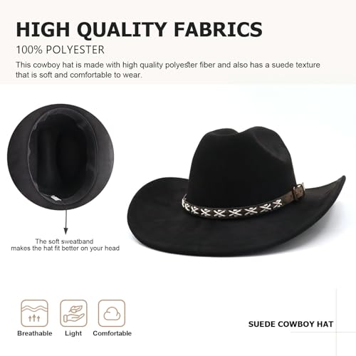 Image of Western Suede Cowboy Hat for Women Men Wide Brim Classic Cowboy Cowgirl Hat with Buckle Belt Felt Fedora Hat