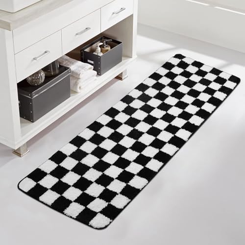 Image of Uphome Bathroom Runner Rug, Black and White Checkered Long Machine Washable Bath Mat Non Slip, 18x47 Water Absorbent Soft Microfiber Bath Rug for Tub, Shower, Floor