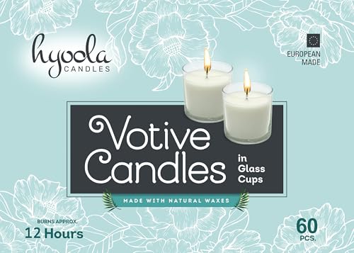Image of Hyoola White Votive Candles in Glass - Pack of 60 Votive Candle - 12 Hour Burn Time - Unscented Votive Candles - European Made Glass Votives