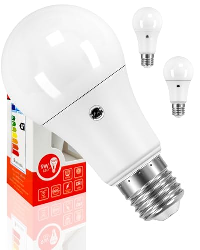 Bratek 2 Lampadine Crepuscolari a Doppio Sensore da Esterno E27 LED A60 9W 6500k - Lampade Crepuscolare da Esterno Luce Fredda da 820 Lumen Equivalenti Lampadine 60W a Incandescenza o 45W Alogene