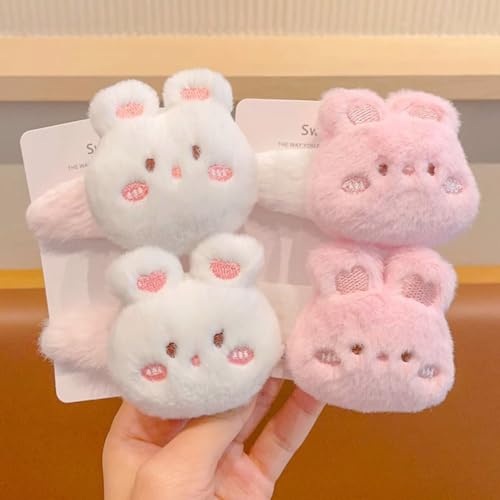 かわいい子供用秋冬ぬいぐるみウサギとクマのヘアクリップ - 女の子用サイドフリンジヘアピン 滑り止めダックビルクリップ付き
