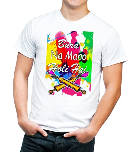 Image of Knitted Polycotton Fabric Regular Fit Men Boys Half Sleeve T-Shirt for Festival of Holi Style 12 White Size : Free