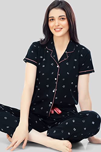 Image of ZEYO Women's Cotton Printed Korean Night Suit Set of Shirt & Pajama Set (Available in Plus Size)