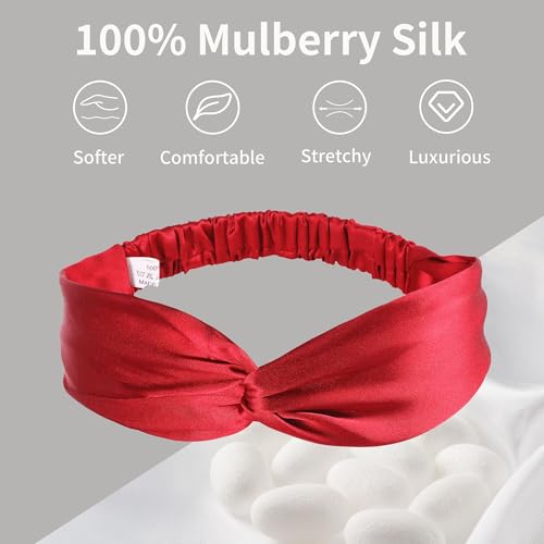 Image of ZLYC Mulberry Silk Headband for Women's Hair Elastic Hairband, Solid Red