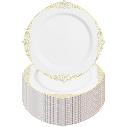 Goodluck 100PCS White and Gold Plastic Plates – 10.25” Heavy Duty Disposable Dinner Plates & Party Plates for Weddings, Parties, Events – Elegant, Sturdy