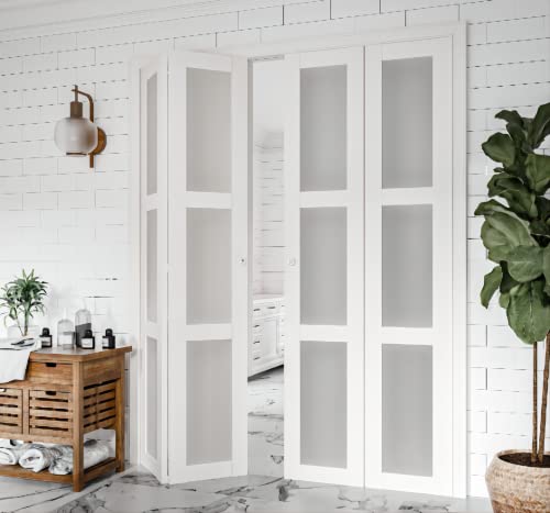 Barner Home Bi-Fold Doors, For 30In. X 80 In Opening, 3-Lite Tempered Frosted Glass Panel, Mdf, White Closet Door #TOP6