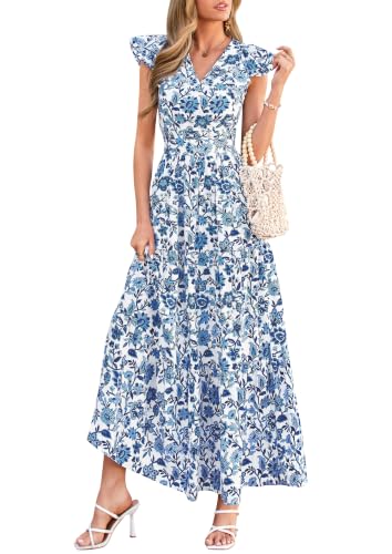 PRETTYGARDEN Women's Floral Maxi Dresses Summer Casual Wrap V Neck Ruffle Sleeve Flowy Long Beach Vacation Dress with Pockets (White Blue Flower,M)