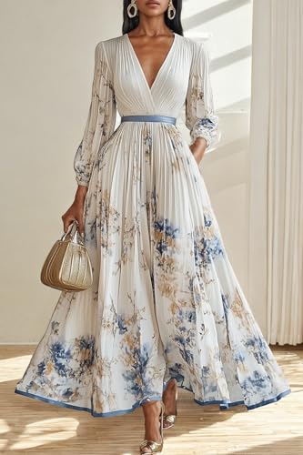 Women's Floral Printed Pleated Dress Sexy V Neck Long Sleeve Flowy A Line Party Maxi Dresses with Belt3