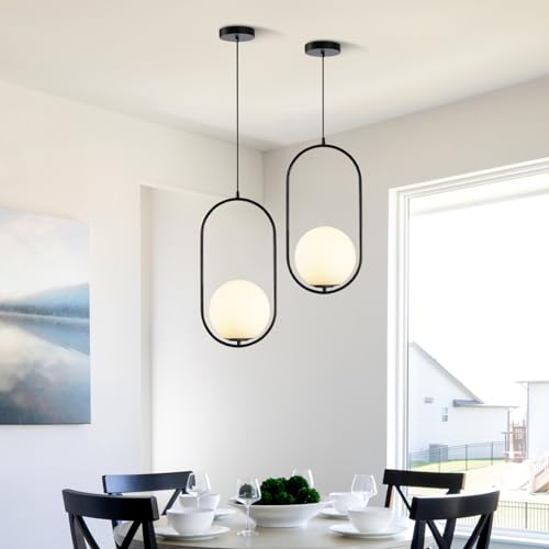 Image of Modern Black Globe Pendant Light Set of 2 Frosted Glass Shade Geometric Hanging Fixture Indoor Adjustable Hanging Pendant Lamp Spherical Lighting for Kitchen Island Bedroom