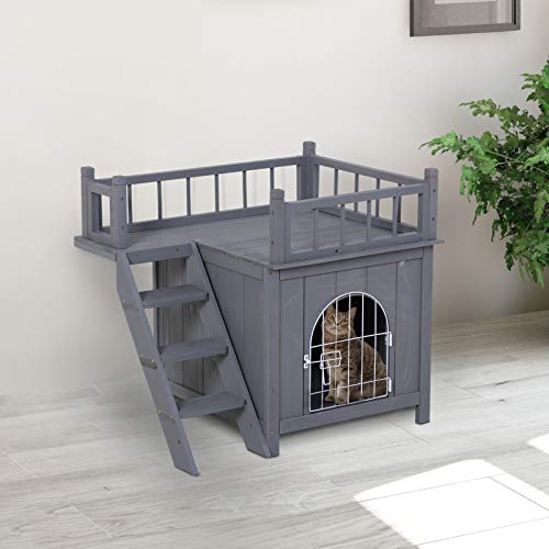 PawHut 2-Level Wooden Cat House, Outdoor Dog Shelter Cat Condo with Lockable Wire Door and Balcony, Grey - Image 3