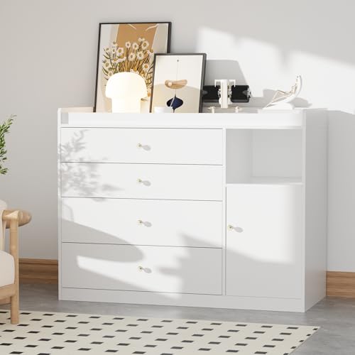 Image of 45.2 inch White Nursery Dresser with 5 Drawers and 1 Open Shelf Changing Table Dresser with Changing Table Top Diaper Changing Station with Storage for Nursery Children's Room
