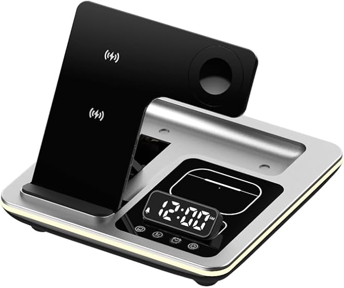 5 in 1 Foldable Wireless Charging Station, Electrically Adjustable Charger Stand, Charging Station for Multiple Devices Compatible, with Night Lamp and Clock, for Travel, Office, Home (Silver)