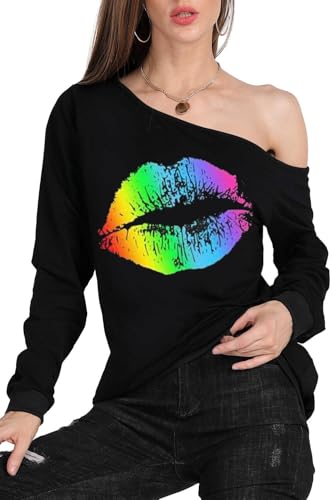 Image of MAGICMK Woman's Sweatershirt Lips Print Causal Blouse Off The Shoulder Long Sleeve Loose Slouchy Pullover Plus Size Tops
