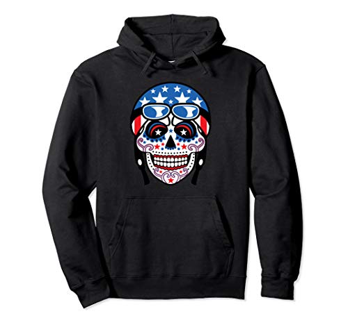 USA Flag Motorcycle Helmet Sugar Skull Pullover Hoodie