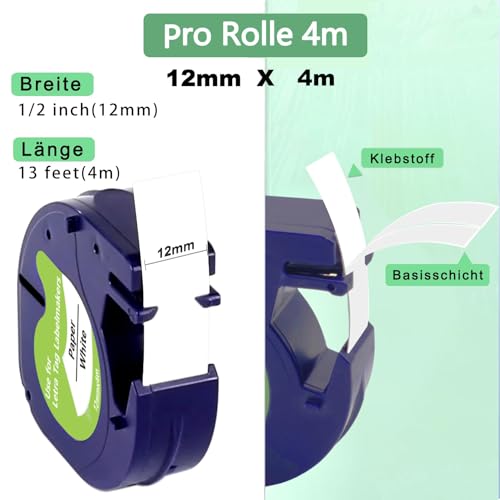 UNOKA Letratag Etikettenband, kompatibel mit Dymo Etikettenband, Weiß, 12 mm x 4 m, a91220 91200 S0721510, Nachfüllpackung für DYMO Letra Tag 100H 100T 200B XR XM QX50 2000 Etikettenhersteller