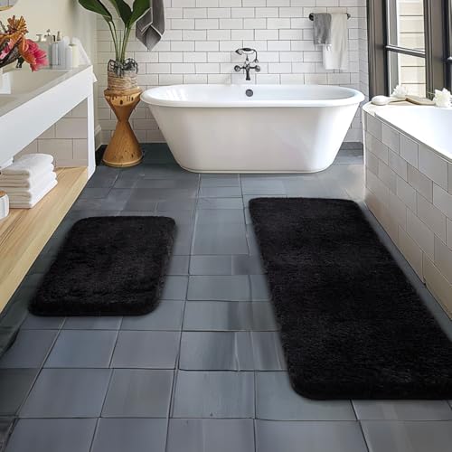 MIULEE Black Bathroom Rugs Set 2 Piece Soft Bath Mats 16x24+16x48 Inch
