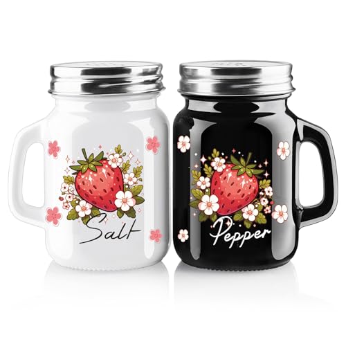 2 Salt And Pepper Shakers，Strawberry Cute Fun Salt And Pepper Shakers Set，Cute Salt Shakers For Kitchen Decor，Black And White Salt And Pepper Shakers With Stainless Steel Lids