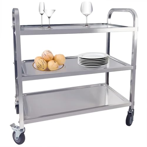 Carrito de cocina de acero inoxidable de 3 niveles con ruedas bloqueables. Ideal para restaurantes, hoteles y garajes. Solución de almacenamiento versátil para una fácil organización y movilidad