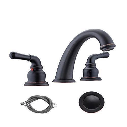 RKF Two Handle Widespread Bathroom Sink Faucet with Pop-up Drain with overflow and Faucet Supply Hoses,Oil Rubbed Bronze,WF014-8-ORB