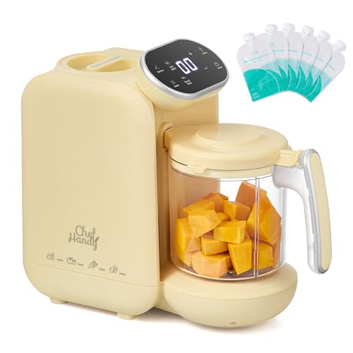 Image of Chefhandy Baby Food Maker, Steamer & Blender with Stainless Steel Basket, Puree Maker with Auto/Manual Blend, Bottle Warmer & Sterili-zer, Safe & Easy-to-Clean Compact Baby Food Processor (Yellow)