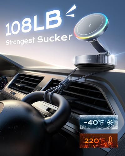 Image of MagSafe Car Charger Mount, 15W Fast Wireless Charging Phone Holder, 108LB Vacuum Suction Cup & 3800gf Strong Magnet, 360 Adjustable Dashboard Windshield Mount for iPhone 17 Pro Max /17 Air /16-12