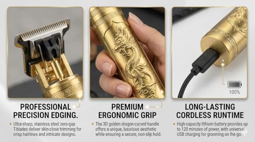 Image of T9 Professional Hair Trimmer for Men: Golden Cordless Zero-Gap T-Blade Clipper, USB Rechargeable Pro Barber Outliner & Edger with Shock Proof Body, Precision Detailer for Shaving & Grooming