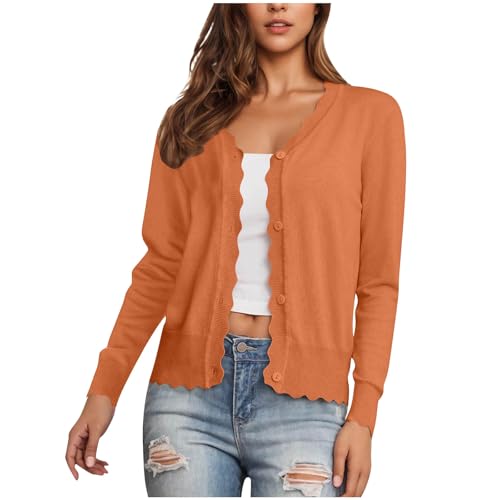 Women's Cardigan Sweater V Neck Lightweight Button Front Knit Tops Orange