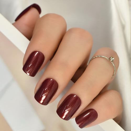 Christmas Shimmer Glitter Press on Nails Medium Short - IKISKT Fake Nails for Women Fit Natural,Stick on Nails Acrylic Reusable, Glossy False Nails with Design Glue on Finger Nail Art Kit, Wine Red