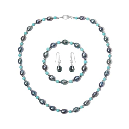 YAMI Juego de joyas de perlas de agua dulce, collar, pulsera y pendientes de perlas naturales de 7 a 8 mm, para mujer, joyería fina elegante y exquisita