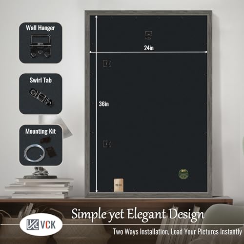 Image of VCK 24x36 Poster Frame Solid Wood Gray Grey 3 Pack Picture Frames 24 x 36 Inches with Wall Mounting Hanging