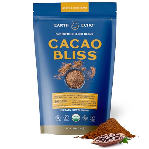 Image of Earth Echo Cacao Bliss - Ceremonial Grade Organic Raw Cacao Powder with MCT Oil & Turmeric - Supports Energy Boost, Mindful Snacking & Focus - Unsweetened, Vegan, GMO & Gluten-Free, 30 Servings