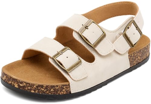 Image of DDXYYDS Sandals For Women With Soft Arch Support Cork Footbed, Mens Slip On With Adjustable Double Buckle, Open Toe Flat Slide Shoes, Summer Outdoor Back Strap Slipper, White, 7.5 Women/6.5 Men
