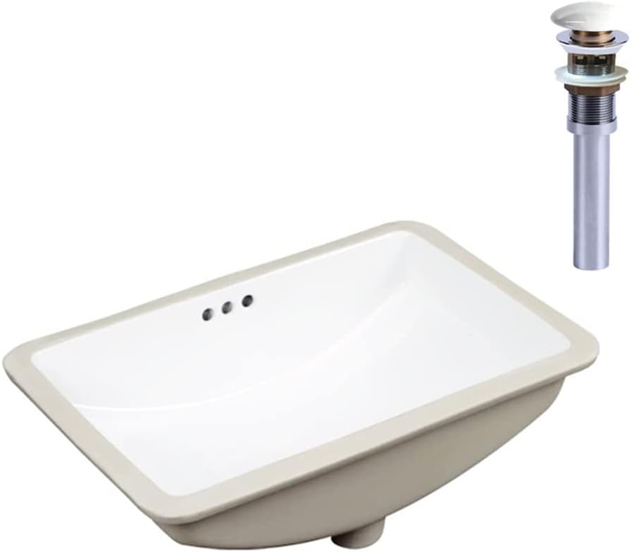 SouNor Ceramic Rectangle 21-Inch Undermount Bathroom Sink Under Counter Vanity Basin Ceramic Pop-up Drain White