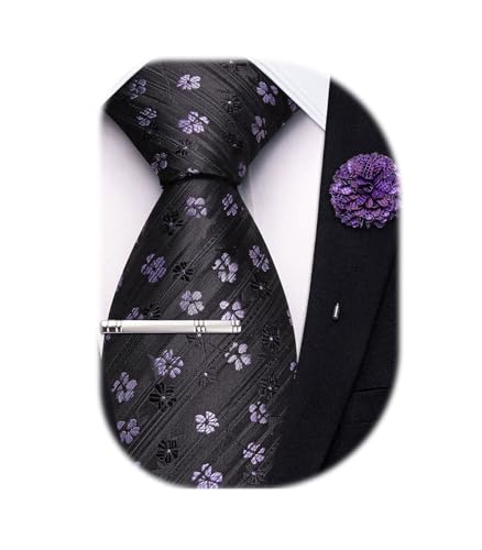 Image of Hi-Tie 63 inches Striped Paisley Extra Long Ties for Men Silk Necktie with Lapel Pin Tie Clip Big and Tall Men Formal Wedding