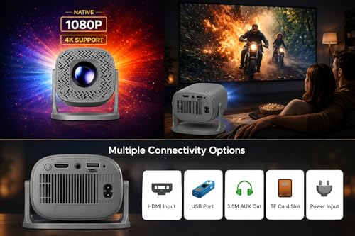 Image of Reysol Projector | Native 1080P | 4K Support | Android 14 | WiFi 6 | Miracast | 270 Rotatable | Auto Keystone | Bright 14000 Lumens (Speaker /Remote Controller) Portable Projector (Grey Colour)